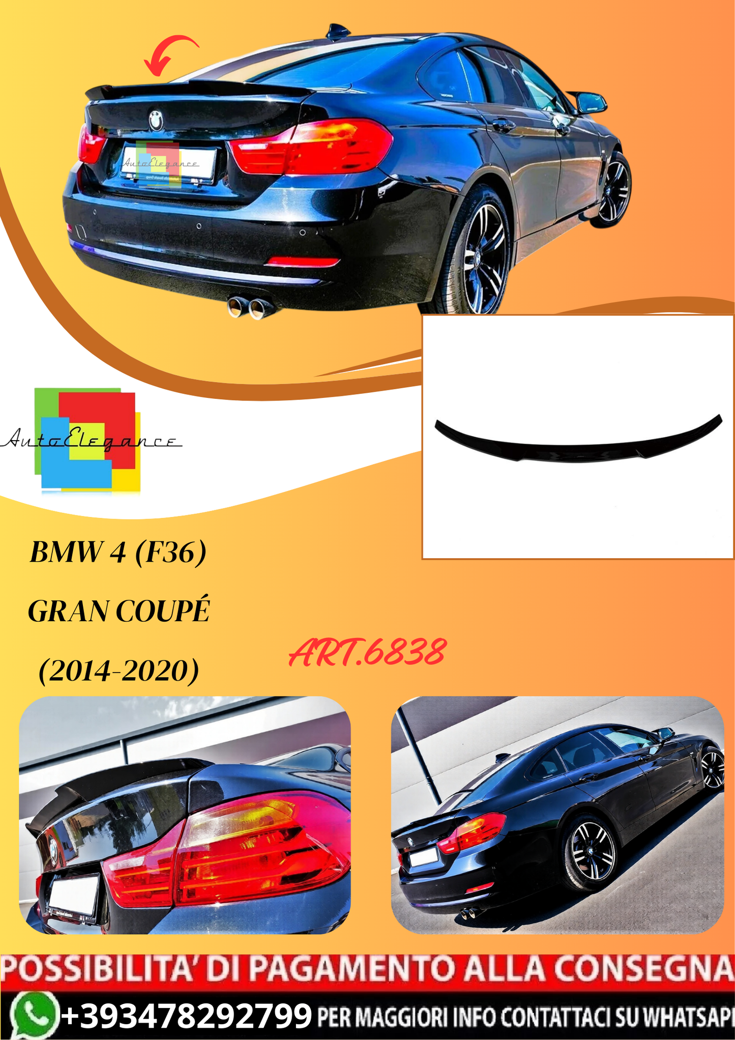 💫ART.6838 Spoiler Posteriore M4 Look per BMW 4 (F36) Gran Coupé (2014-2020)💫