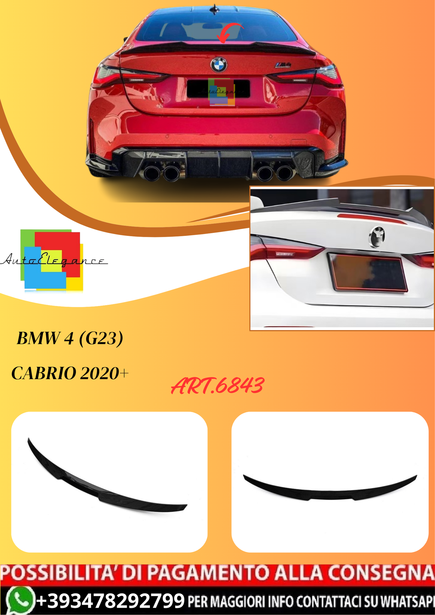💫ART.6843 Spoiler Posteriore M4 Look per BMW 4 (G23) Cabrio 2020+💫