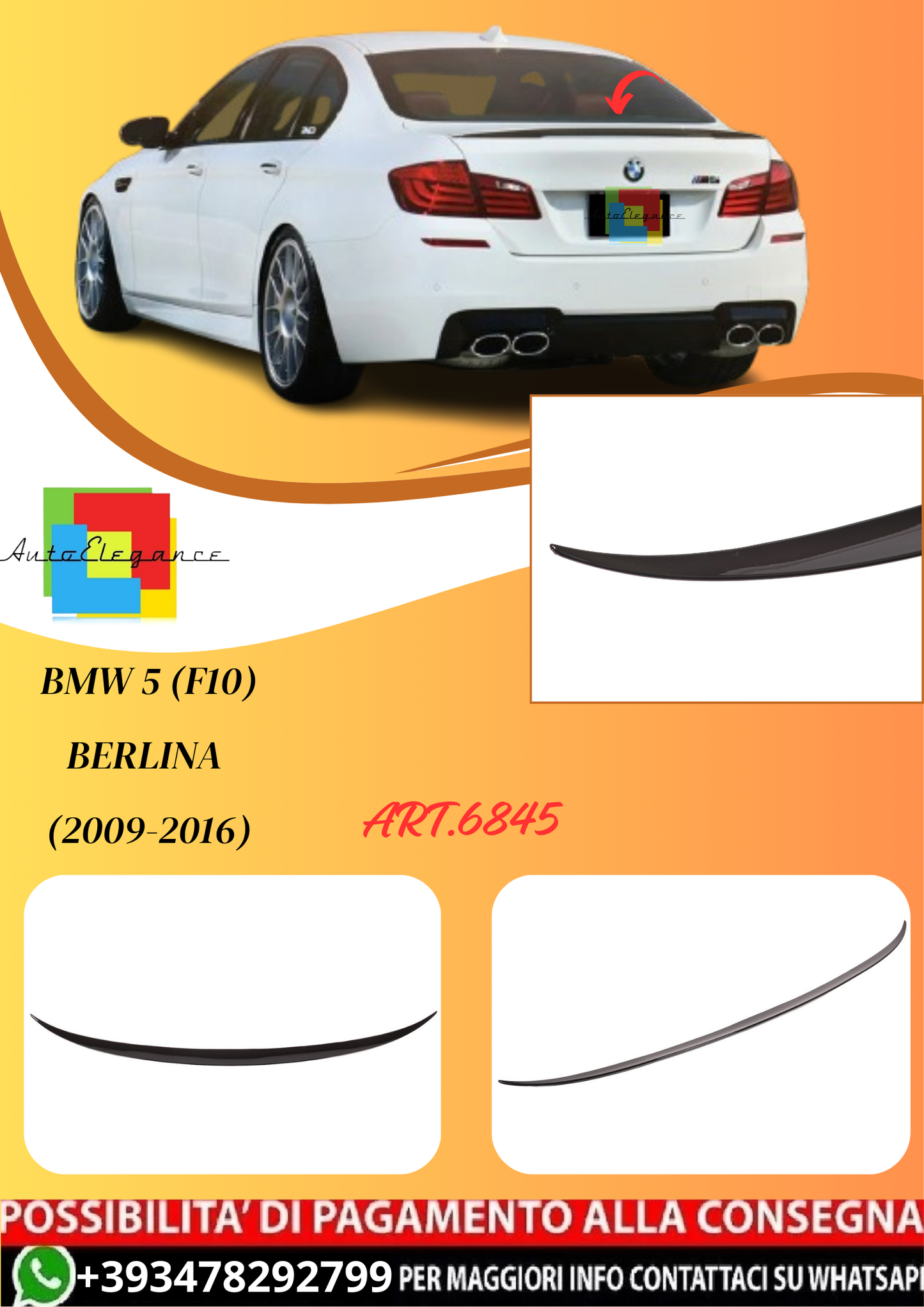 💫ART.6845 Spoiler Posteriore M5 Look per BMW 5 (F10) Berlina (2009-2016)💫