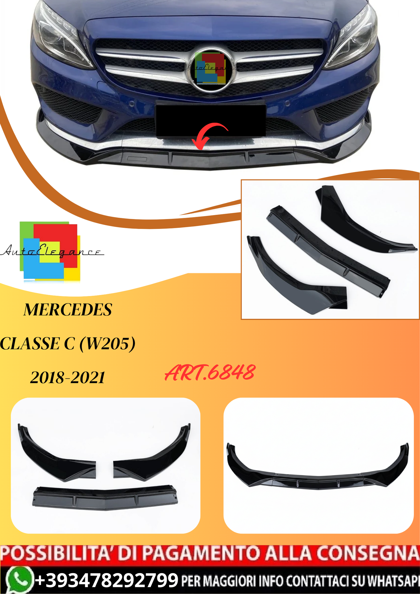 💫ART.6848 Splitter Anteriore AMG look per Mercedes Classe C (W205) 2018-2021💫