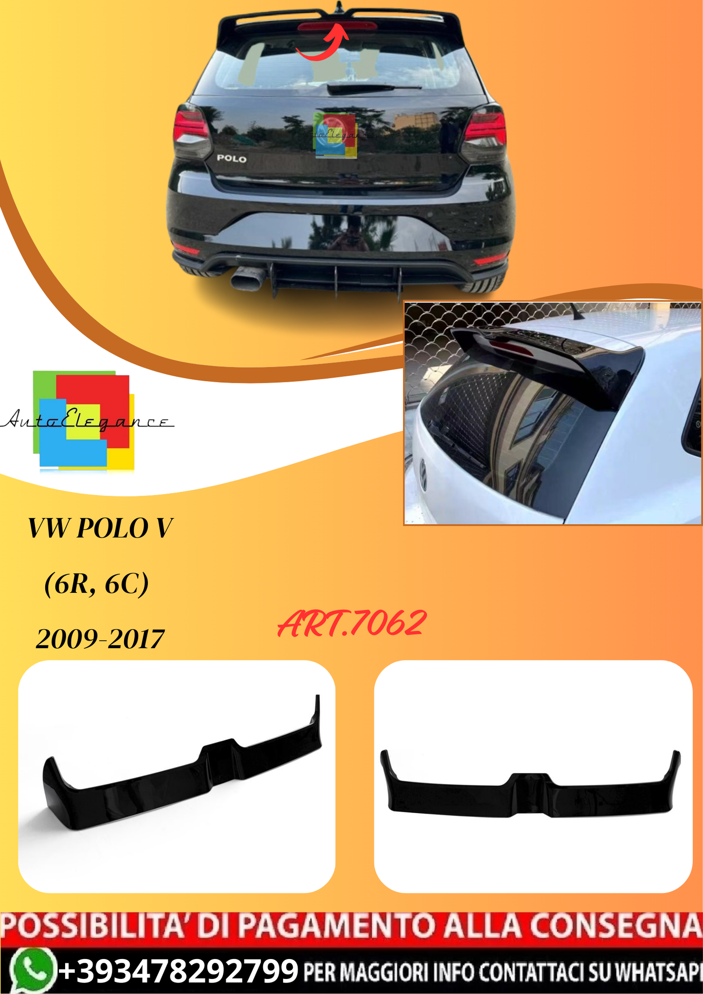 💫ART.7062 Spoiler da Tetto per VW Polo V (6R, 6C) 2009-2017 Nero Lucido Stile Oettinger💫