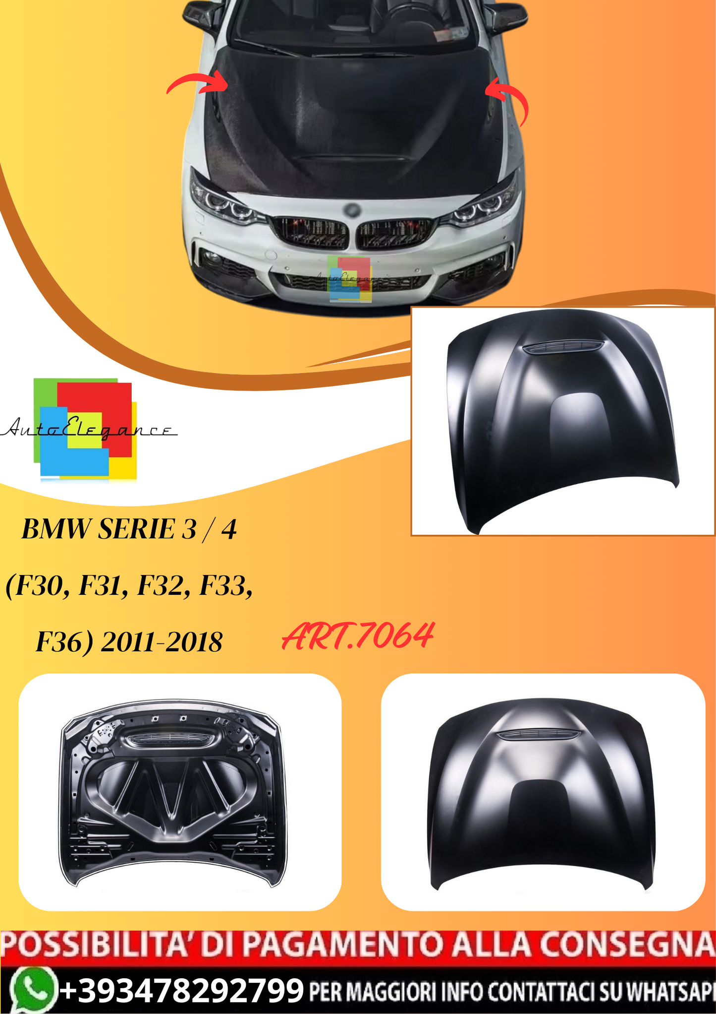 💫ART.7064 Cofano Stile GTS per BMW Serie 3 / 4 (F30, F31, F32, F33, F36) 11-18💫