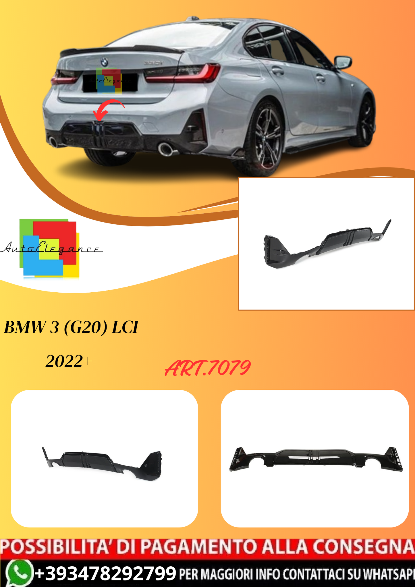 💫ART.7079 Diffusore Posteriore 330i MP Look per BMW 3 (G20) LCI 2022+💫
