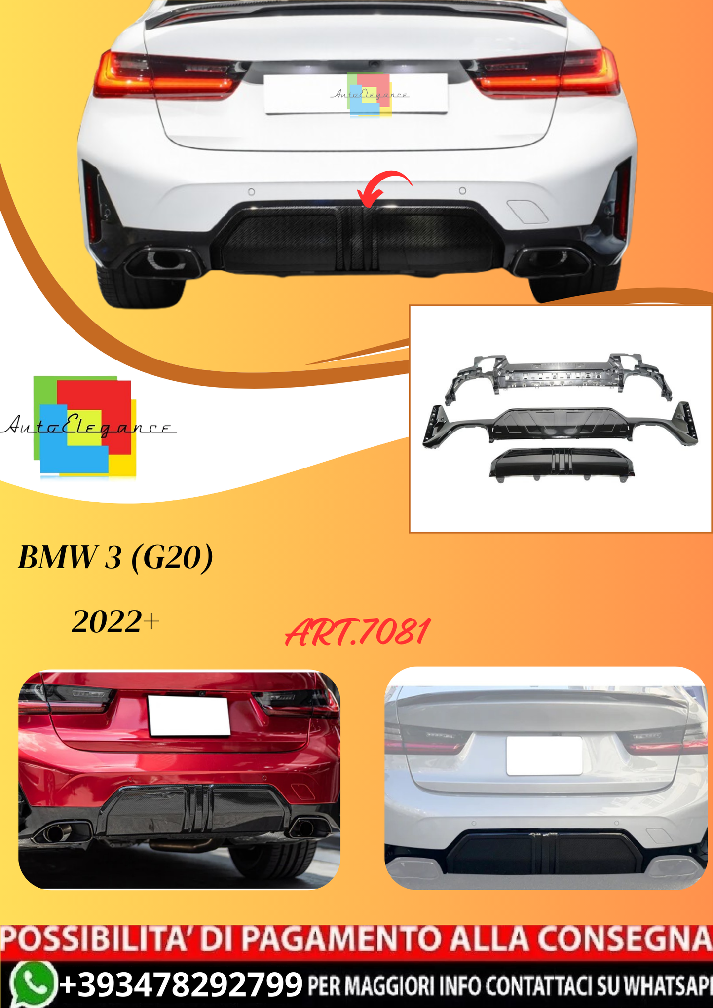 💫ART.7081 Diffusore Posteriore 340i MP Look per Bmw 3 (G20) 2022+💫