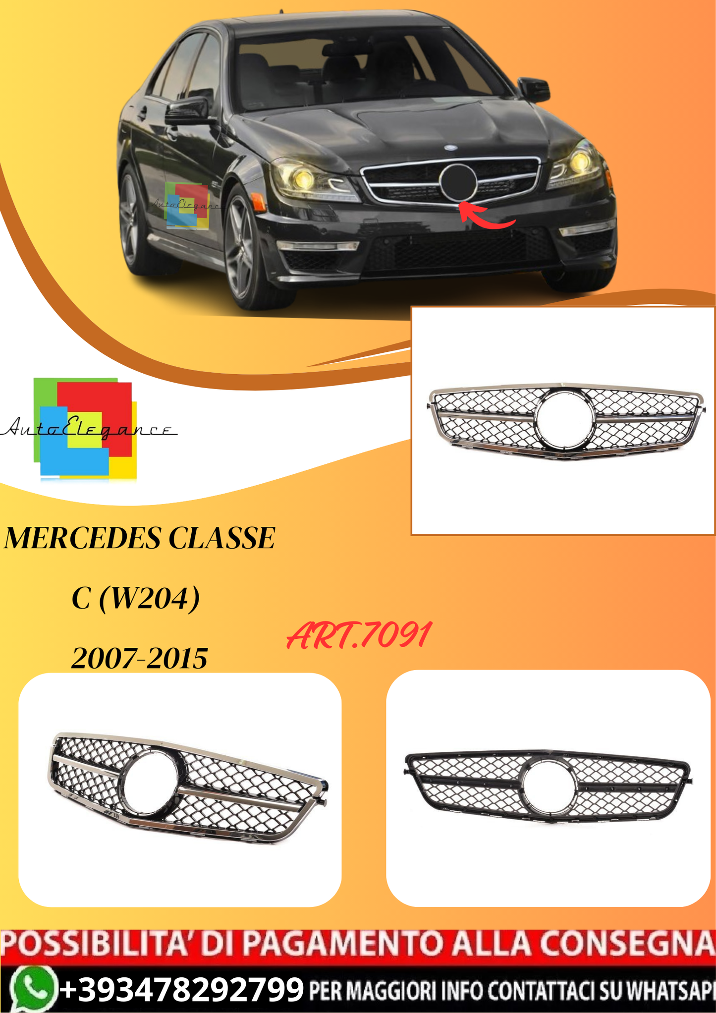 💫ART.7091 Griglia Anteriore  Cromata AMG Look per Classe C (W204) 2007-2015💫
