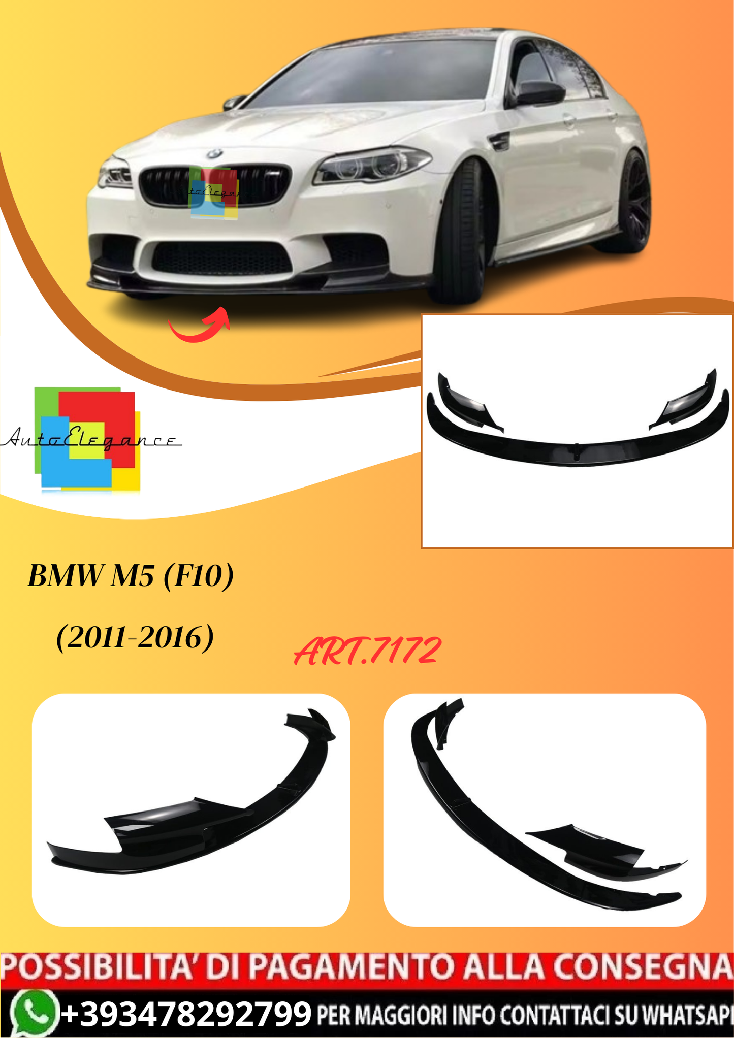 💫ART.7172 Splitter Anteriore Nero Lucido per BMW M5 (F10) (2011-2016)💫