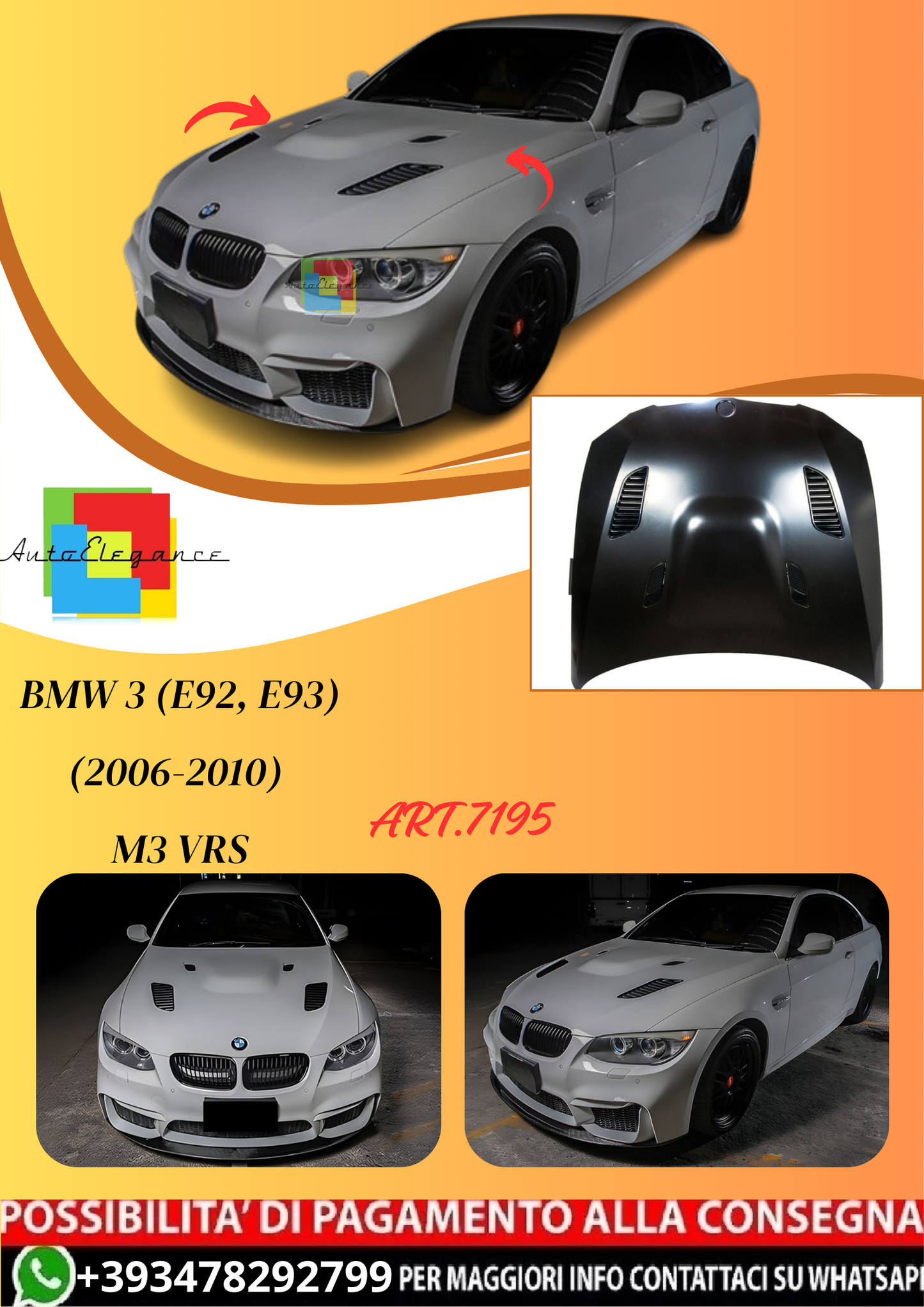 💫ART.7195 Cofano in Acciaio per BMW 3 (E92, E93 (2006-2010) M3 stile VRS💫