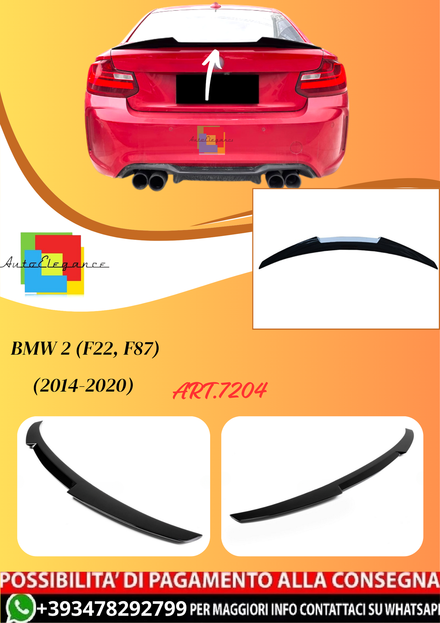 💫ART.7204 Spoiler Posteriore per BMW 2 (F22, F87) (2014-2020) Nero Lucido 💫