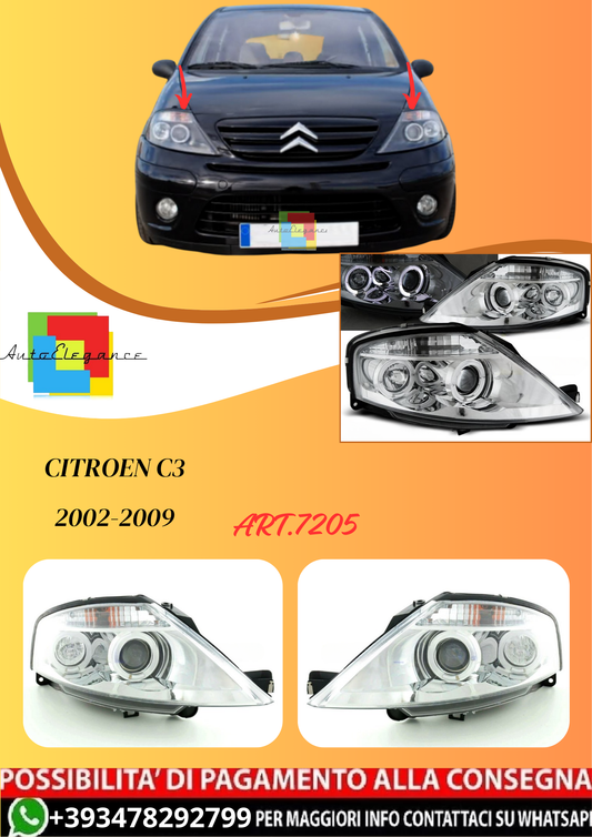 💫ART.7205 Fari Anteriori "ANGEL EYES" per CITROEN C3 2002-2009 CROMO💫