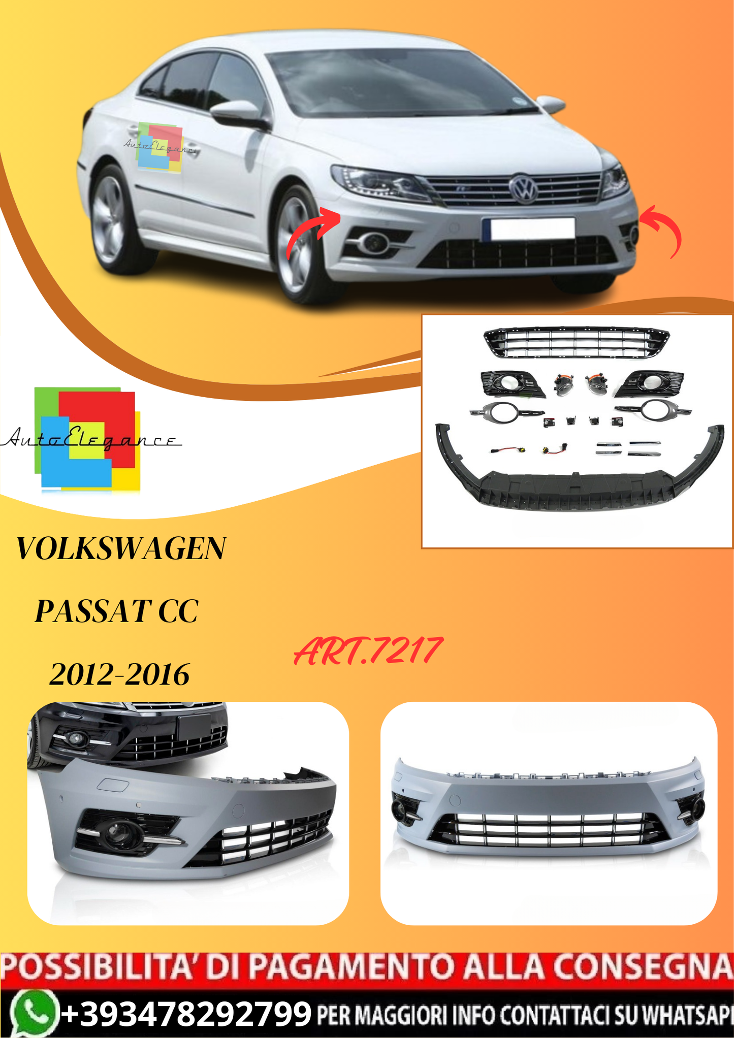 💫ART.7217 Paraurti Anteriore 'SPORT STYLE' PDC per VW PASSAT CC 2012-2016💫
