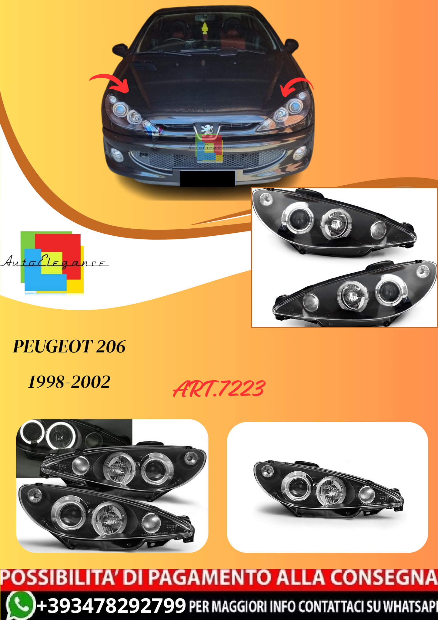💫ART.7223 FARI "ANGEL EYES" NERI adatto per PEUGEOT 206 98-02💫
