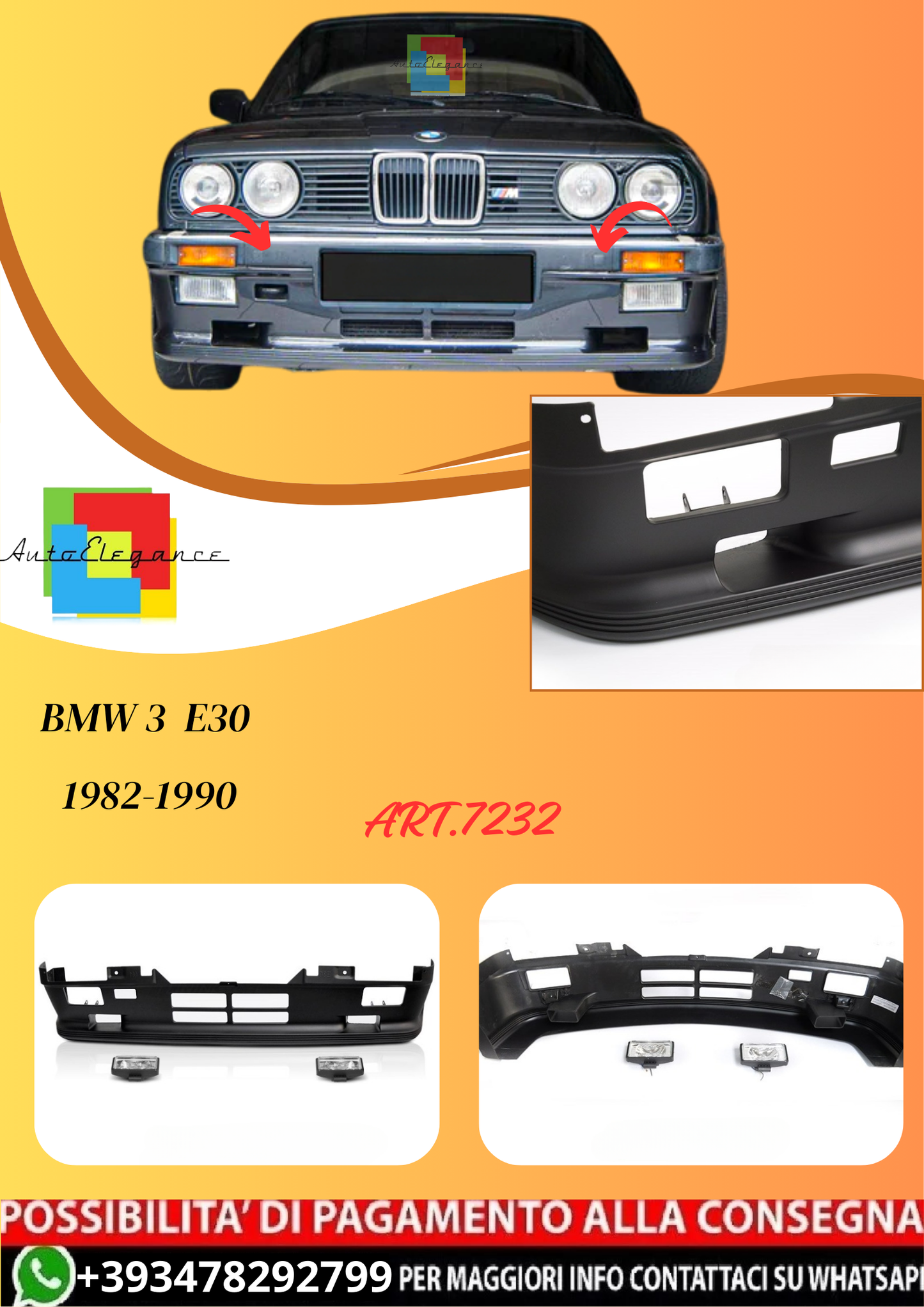 💫ART.7232 Paraurti Anteriore Stile Sportivo + Fari Antinebbia per BMW E30 82-90💫