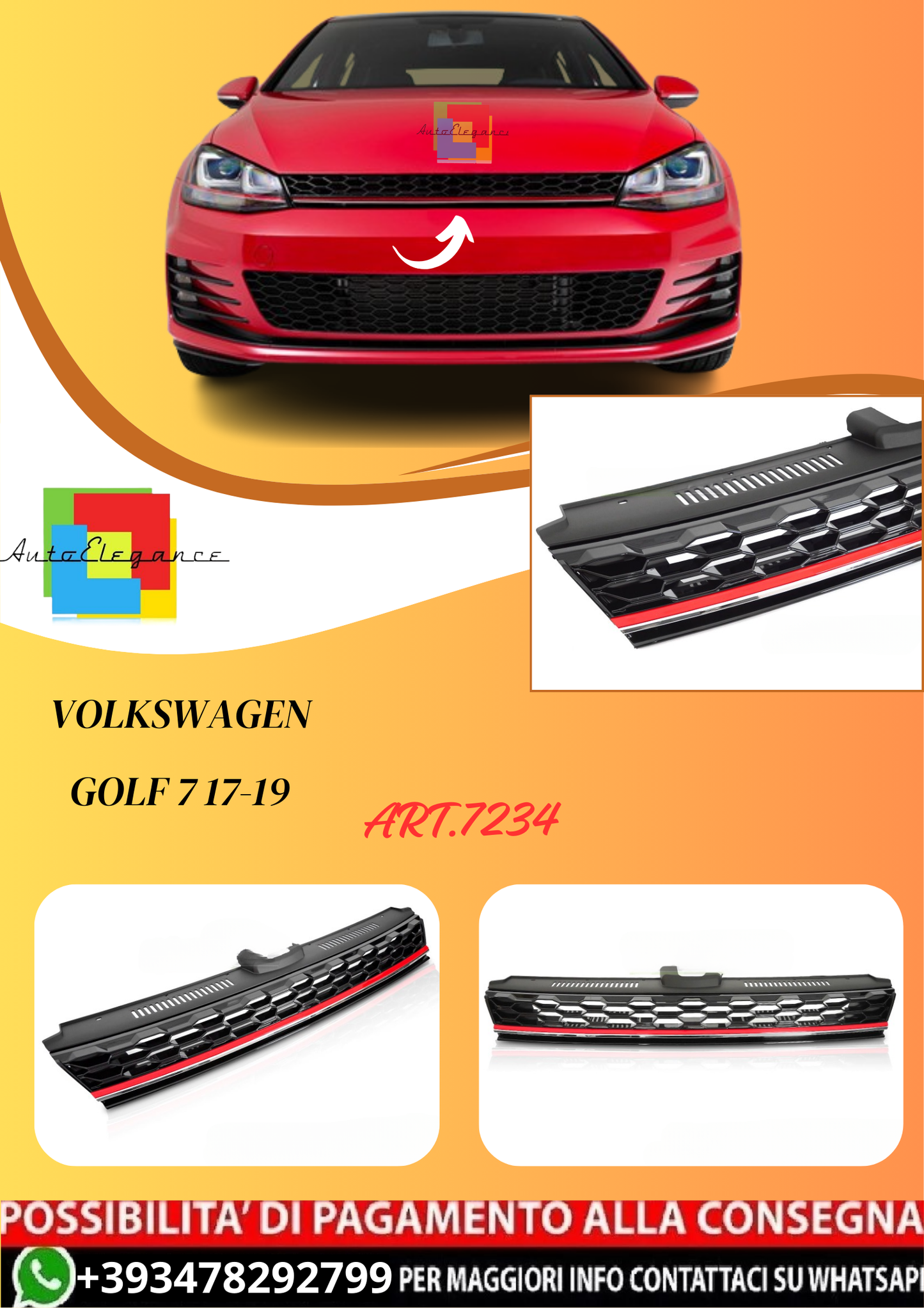 💫ART.7234 GRIGLIA SPORTIVA NERO LUCIDO con LINEA ROSSA per VW GOLF 7 17-19💫