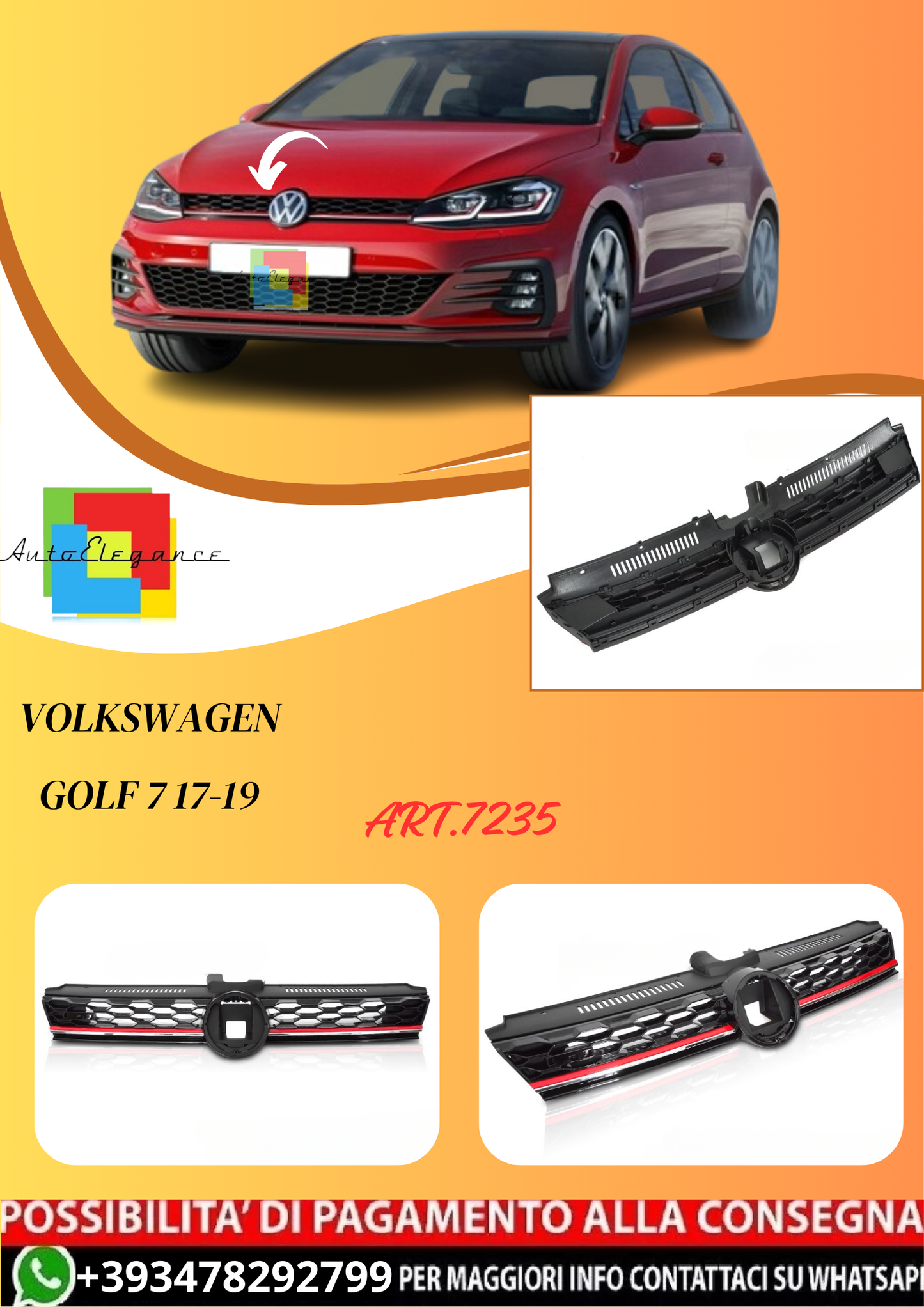 💫ART.7235 GRIGLIA SPORTIVA ACC con "LINEA ROSSA" per VW GOLF 7 17-19💫