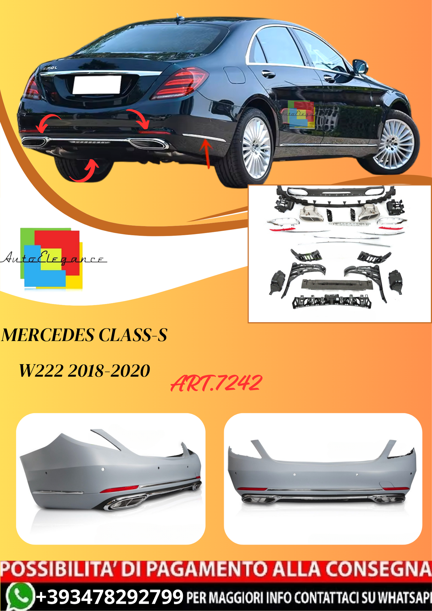 💫ART.7242 Paraurti Posteriore Sportivo PDC per MERCEDES W222 2018-2020💫