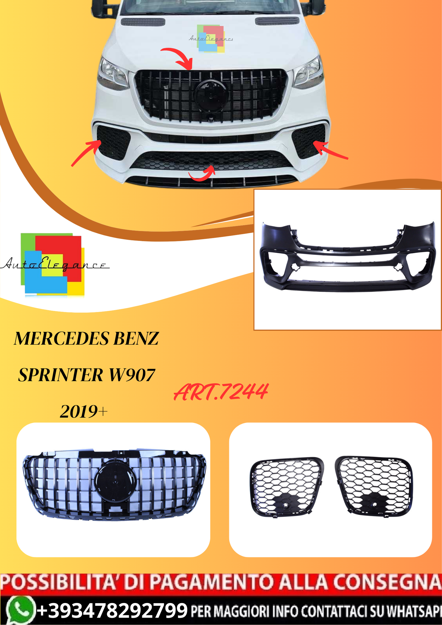 💫ART.7244 Paraurti Anteriore + Griglia Cromata per M.Benz Sprinter W907 2019+ 💫