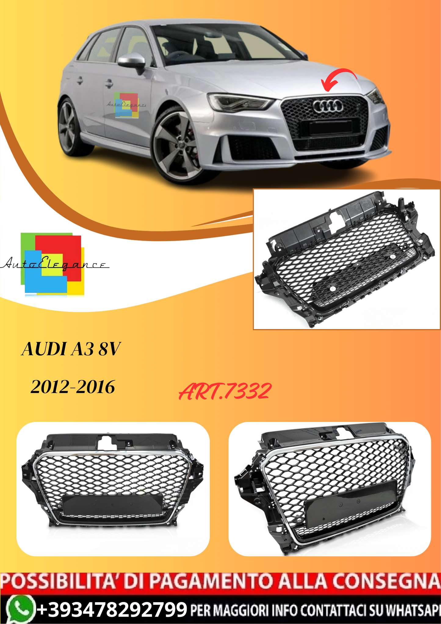 💫ART.7332 GRIGLIA SPORTIVA NERO LUCIDO CROMO PDC per AUDI A3 8V 12-16💫