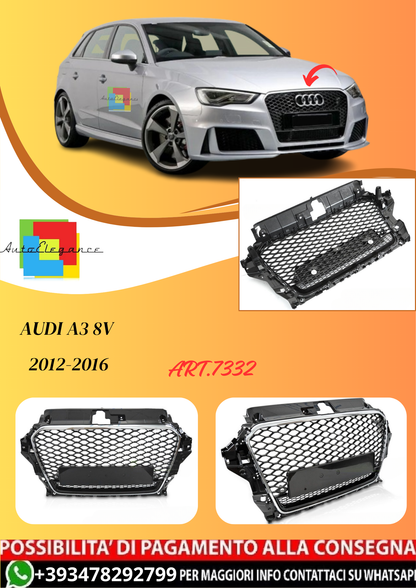 💫ART.7332 GRIGLIA SPORTIVA NERO LUCIDO CROMO PDC per AUDI A3 8V 12-16💫