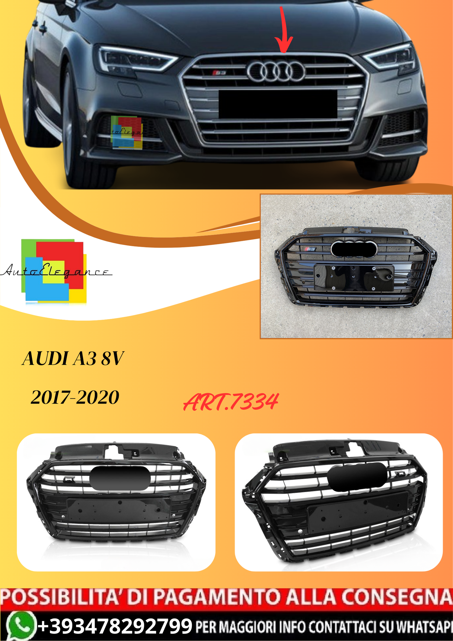 💫ART.7334 GRIGLIA SPORTIVA STILE NERO LUCIDO PDC per AUDI A3 8V 2017-2020💫