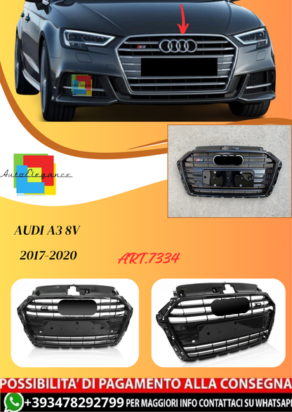 💫ART.7334 GRIGLIA SPORTIVA STILE NERO LUCIDO PDC per AUDI A3 8V 2017-2020💫