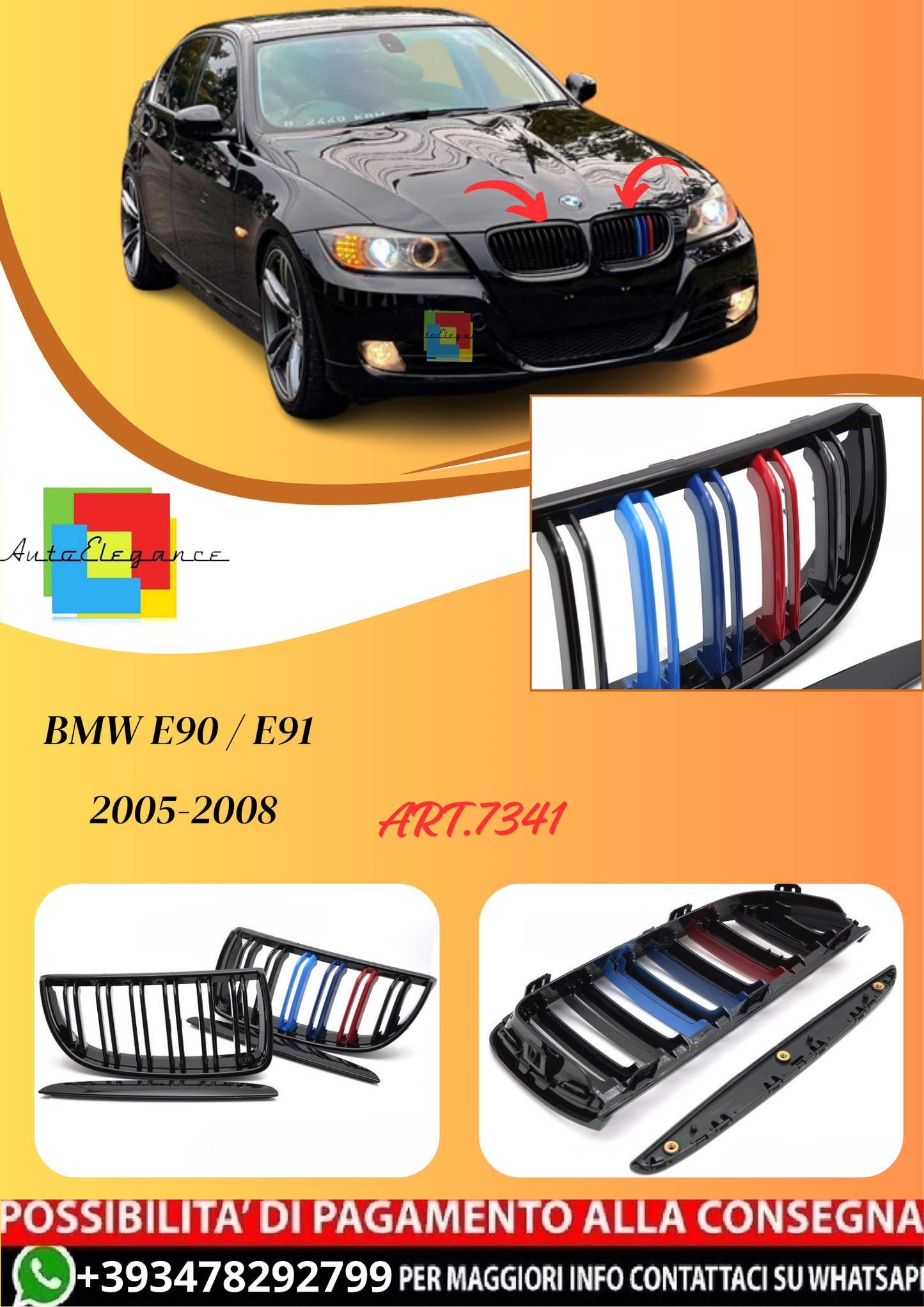 💫ART.7341 GRIGLIA SPORTIVA TRICOLORE DOPPIO NERO - BMW E90 / E91 05-08💫