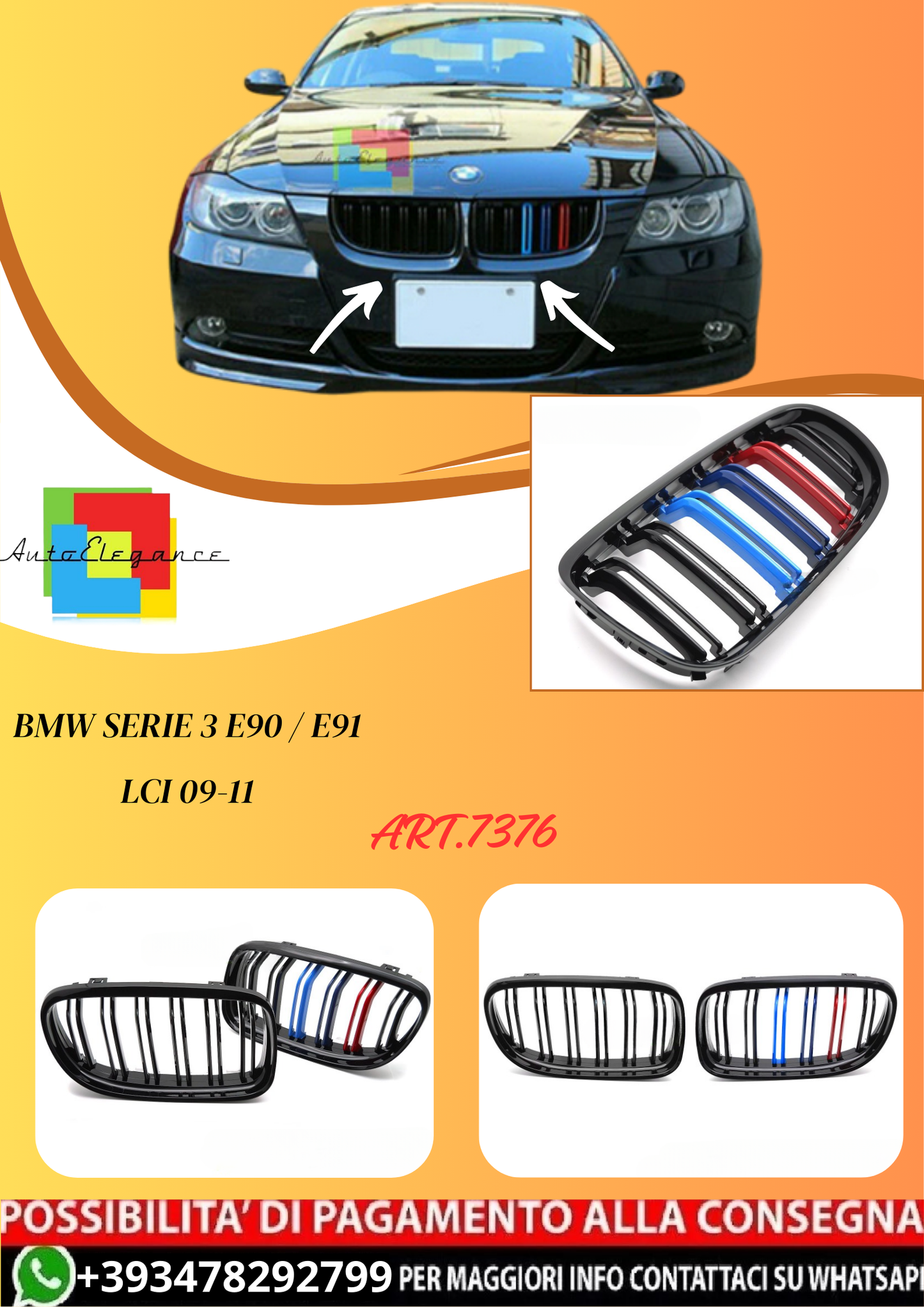 💫ART.7376 GRIGLIA SPORTIVA TRICOLORE DOPPIA BARRA per BMW E90 / E91 LCI 09-11💫