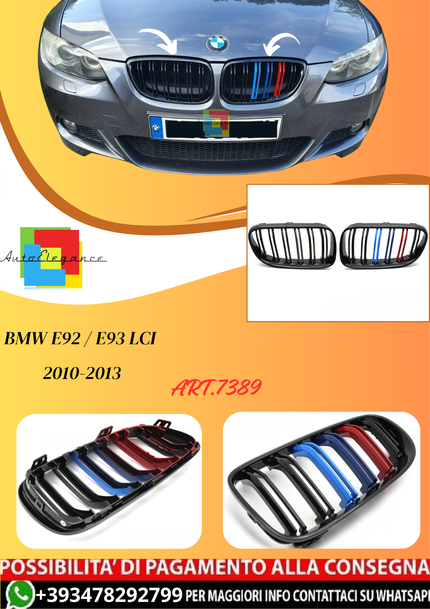 💫ART.7389 GRIGLIA TRICOLORE DOPPIA BARRA per BMW E92 / E93 LCI 10-13💫