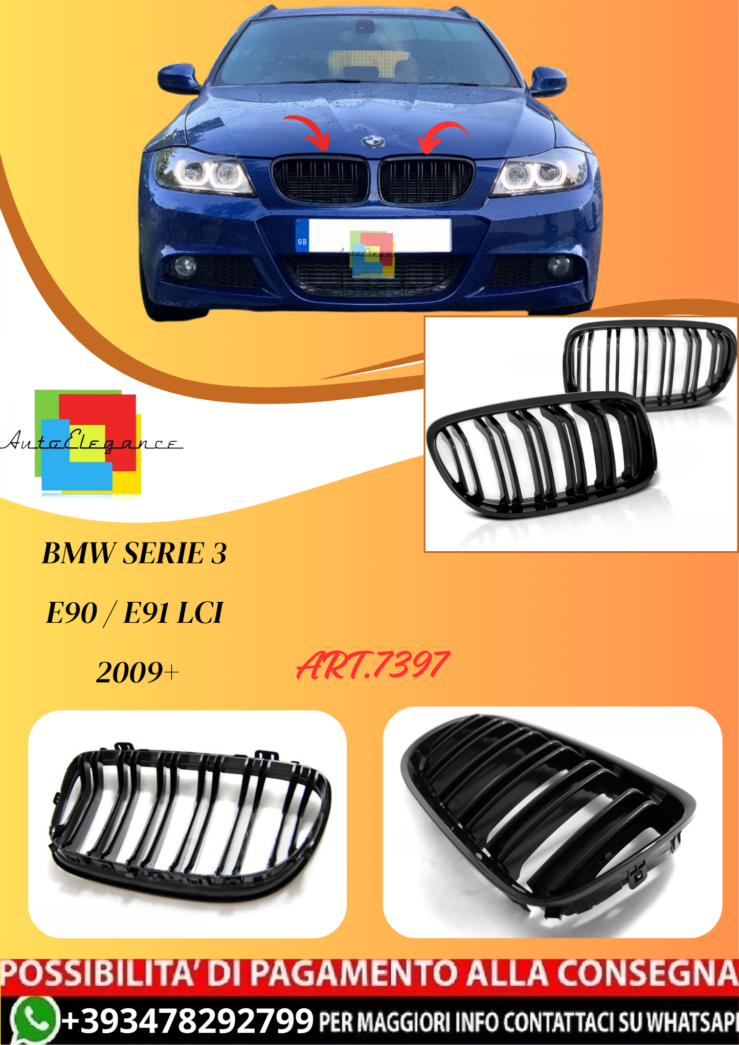 💫ART.7397 GRIGLIA DOPPIA BARRA LOOK SPORTIVO per BMW E90 / E91 LCI 09+💫