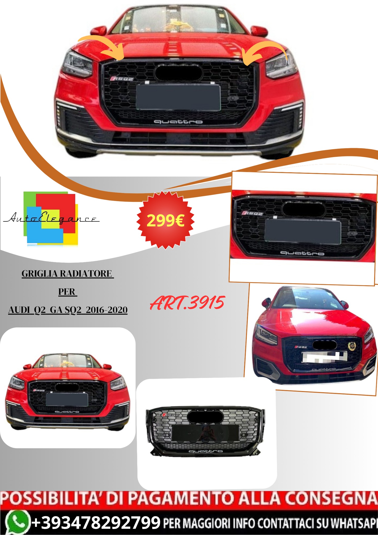 💫ART.3915 Griglia Radiatore Audi Q2 GA SQ2 2016-2020 (Nero Lucido)💫