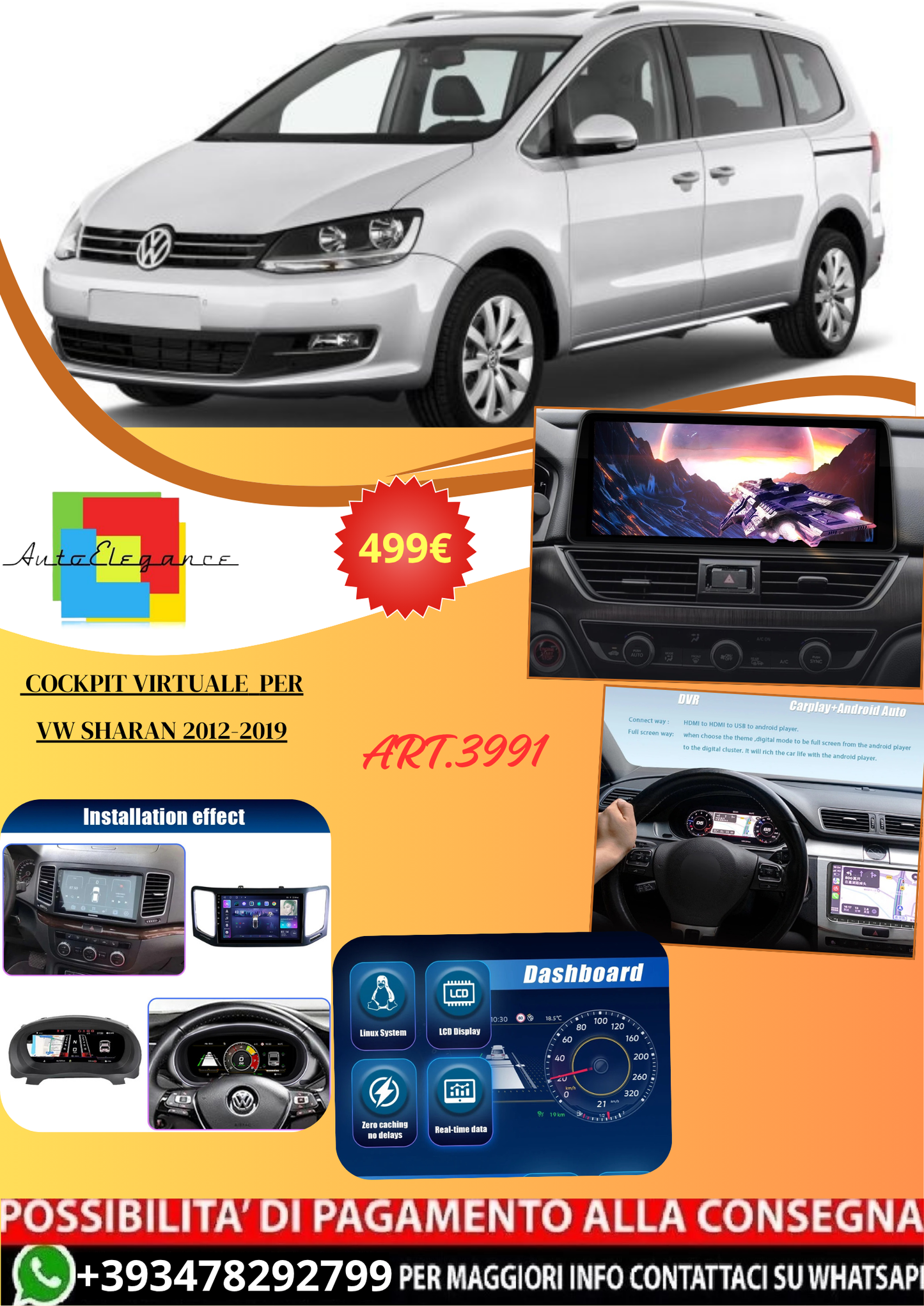 💫ART.3991 Cockpit virtuale digitale LCD per VW Sharan 2012-2019💫