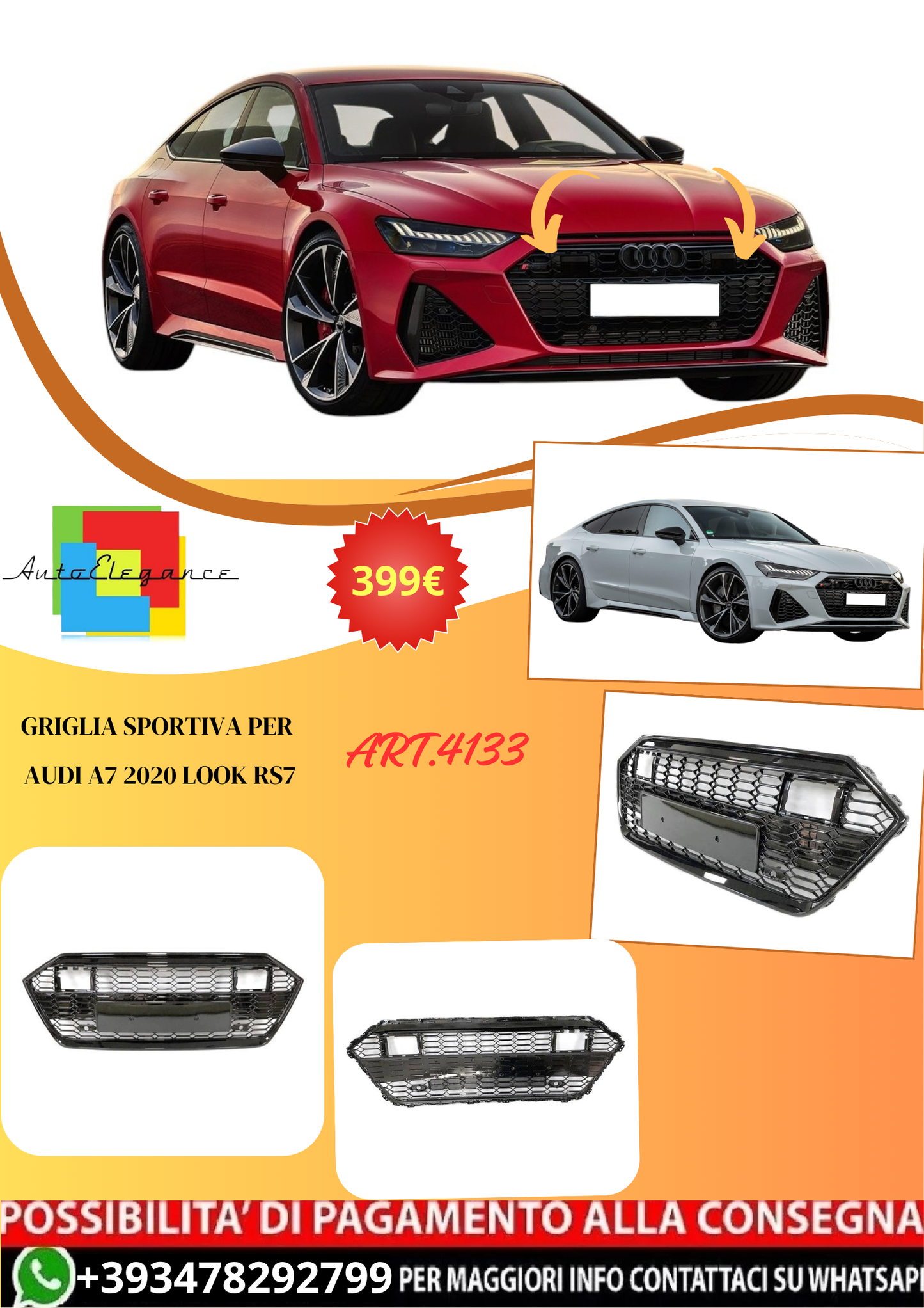 💫ART.4133 Griglia sportiva per Audi A7 2020 Look RS7 ACC Completamente Nera💫