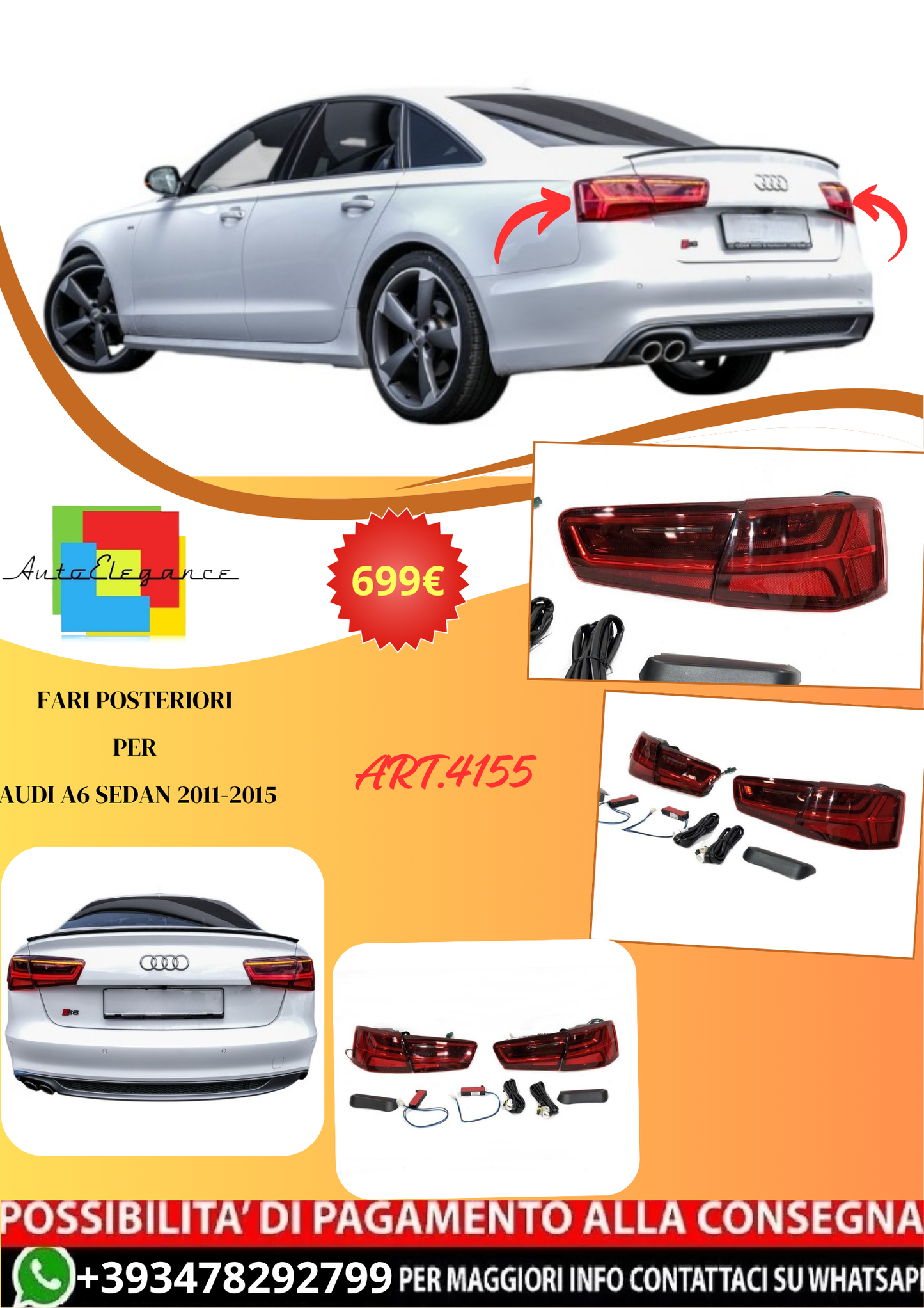 💫ART.4155 Fari Posteriori (Rosso) per Audi A6 Sedan 2011-2015 Look 2016💫