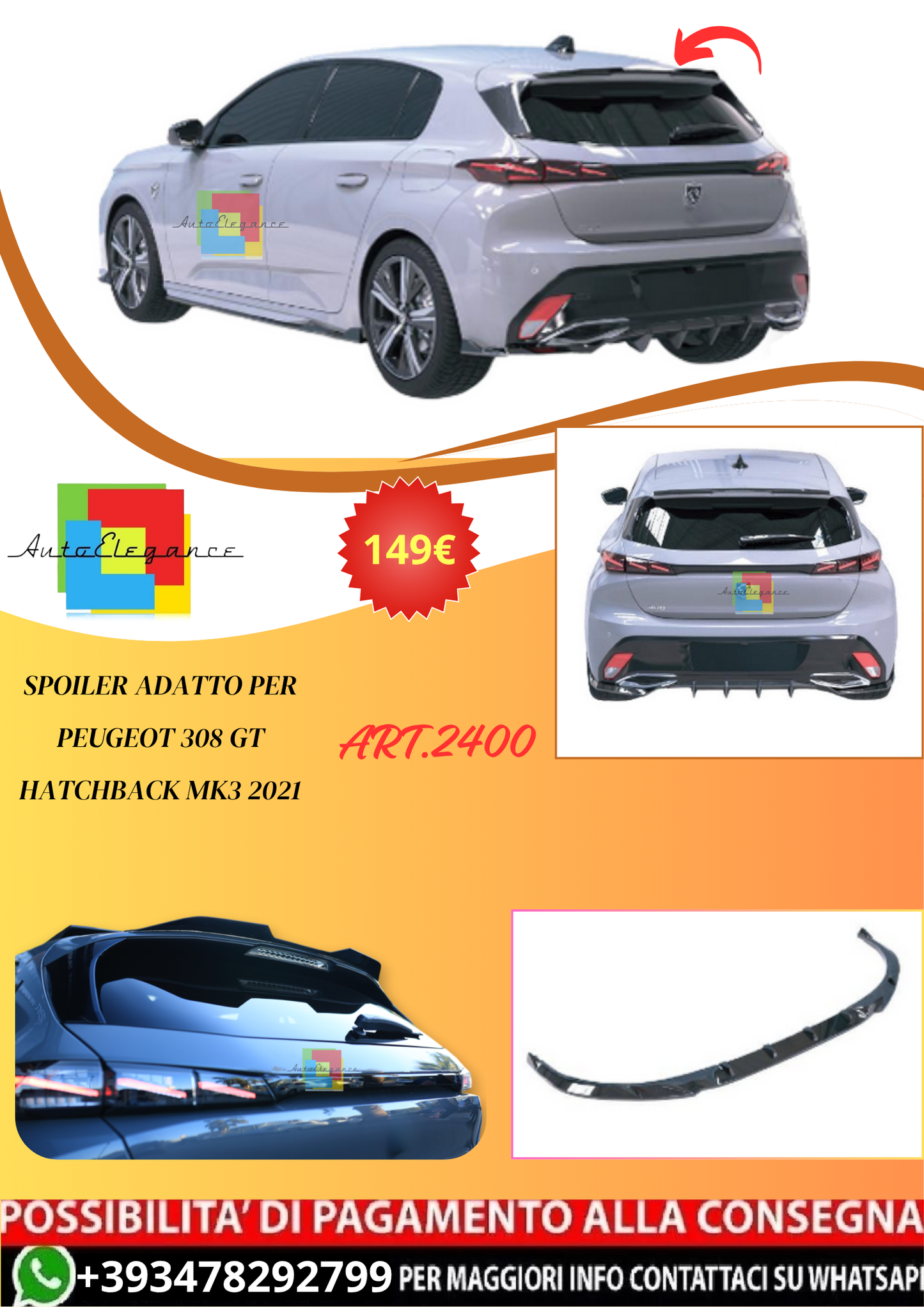 💫ART.2400 SPOILER ADATTO PER PEUGEOT 308 GT HATCHBACK MK3 2021💫