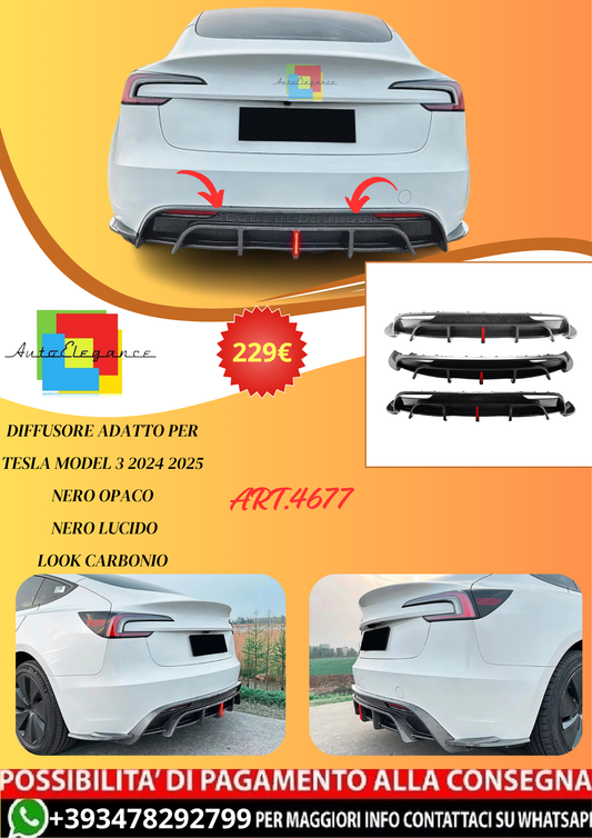 💫ART.4677 Diffusore per Tesla Model 3 2024 2025 (Nero Opaco/Lucido/Carbonio)💫
