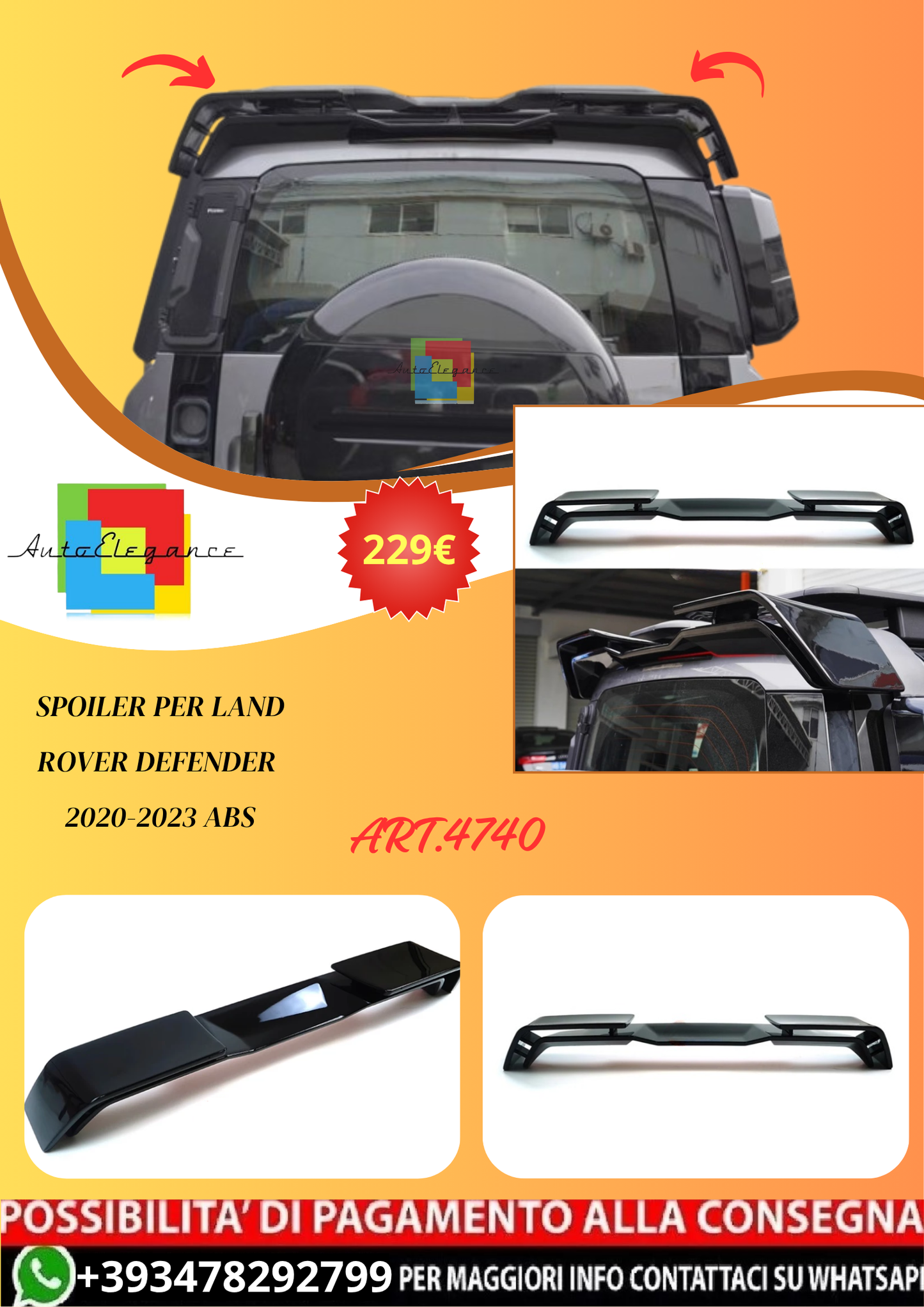 💫ART.4740 SPOILER PER LAND ROVER DEFENDER 2020-2023 ABS💫