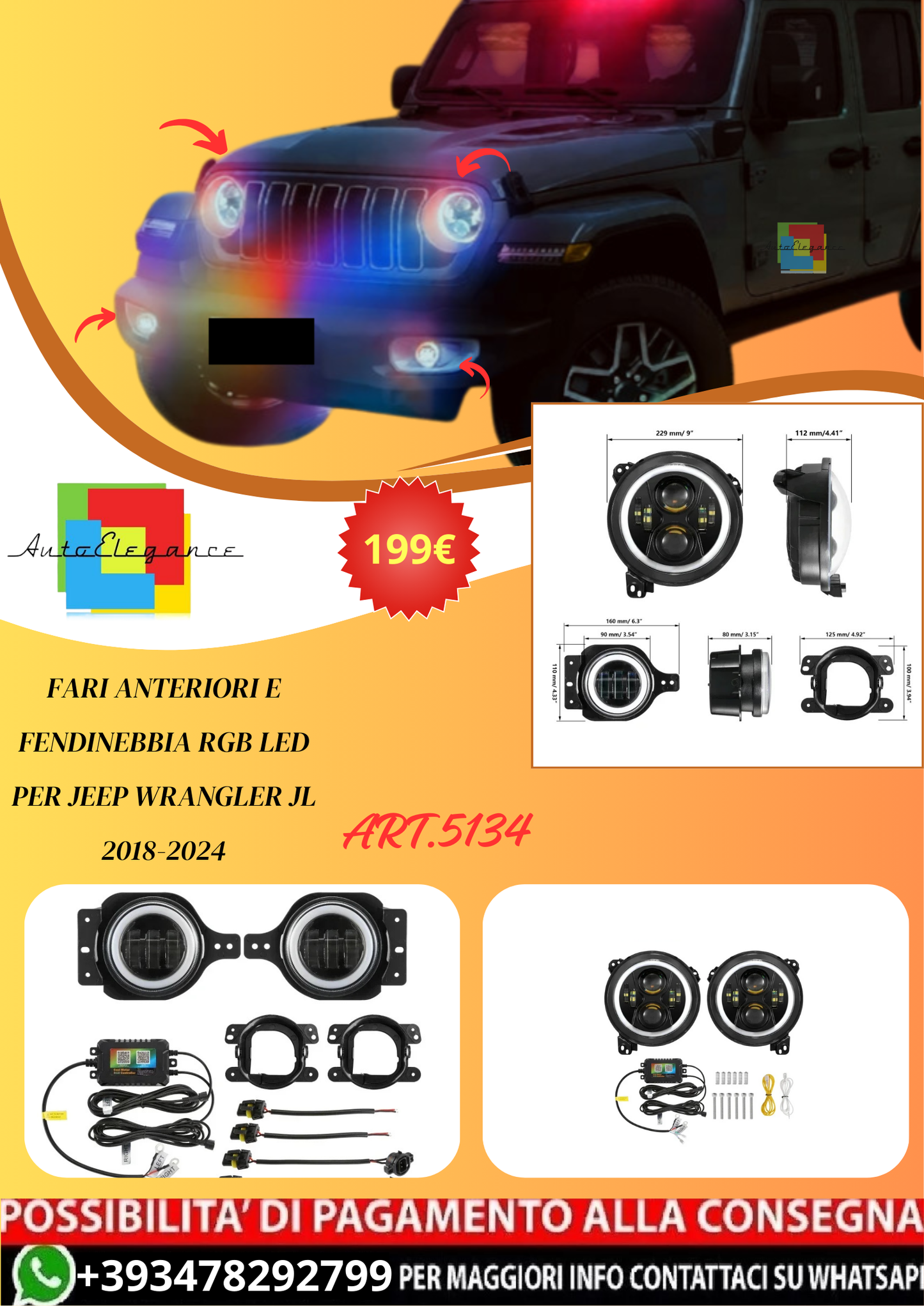 💫ART.5134 Fari Anteriori e Fendinebbia RGB LED per Jeep Wrangler 2018-2024💫