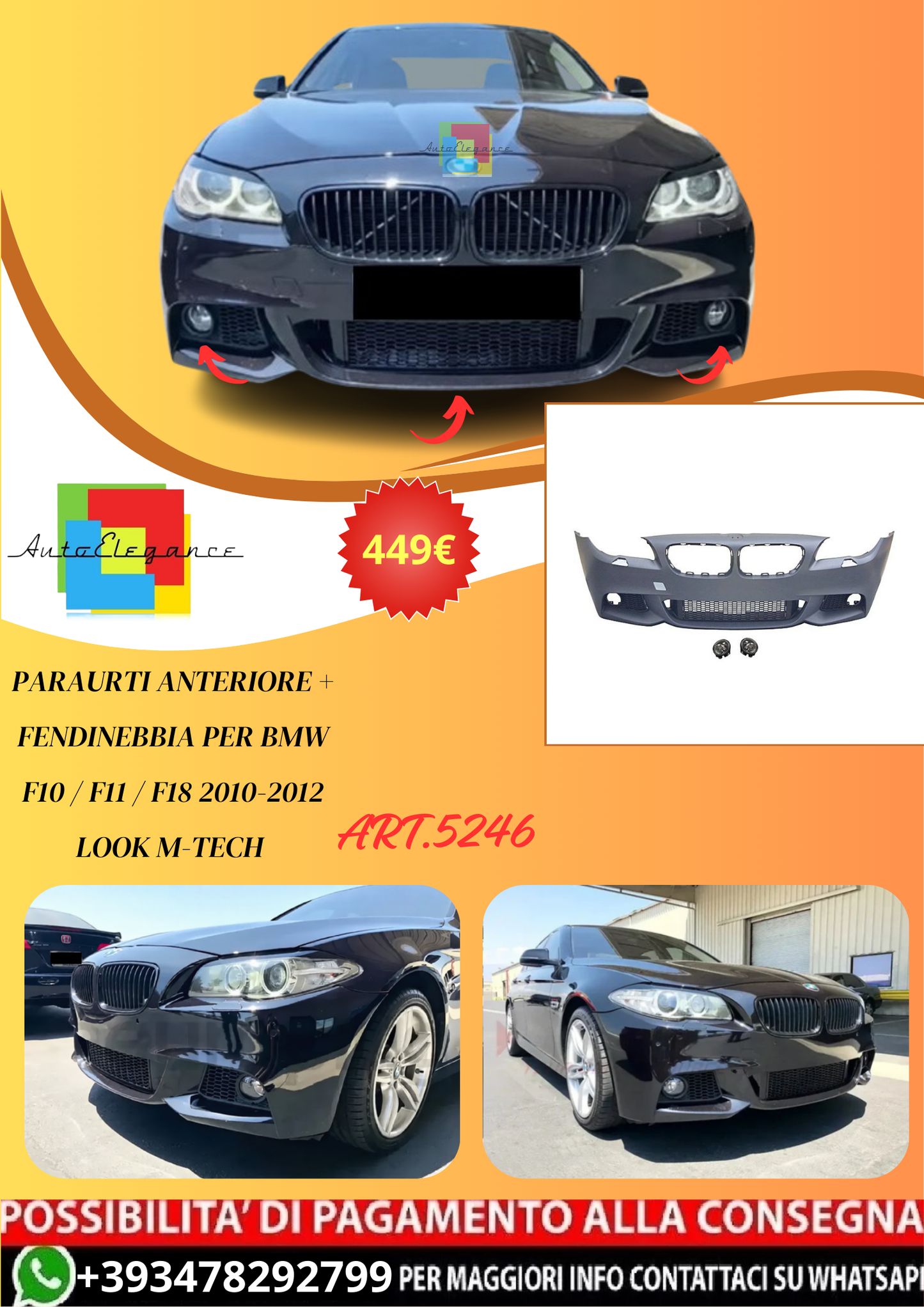 💫ART.5246 Paraurti Anteriore + Fendinebbia BMW F10 / F11 / F18 10-12 Look M💫