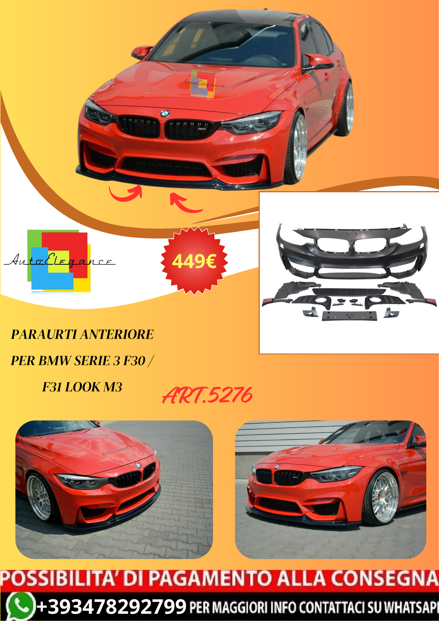 💫ART.5276 Paraurti Anteriore per BMW Serie 3 F30 / F31 Look M3💫