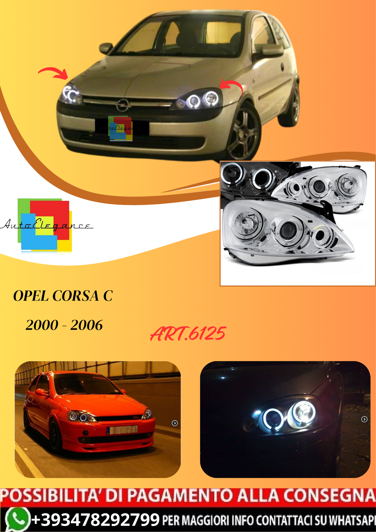 💫ART.6125 FARI ANTERIORI per OPEL CORSA C 2000 - 2006 OCCHI D'ANGELO CROMATI💫