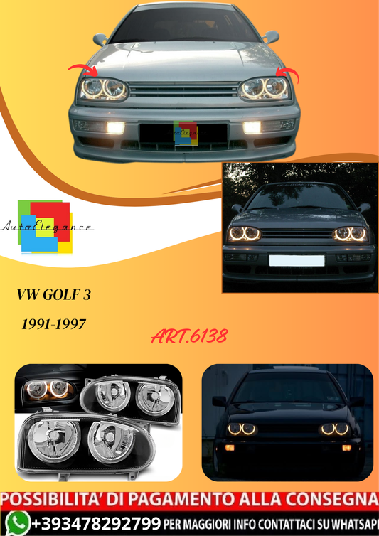 💫ART.6138 FARI ANTERIORI OCCHI D'ANGELO NERI per VW GOLF 3 09.91-08.97💫