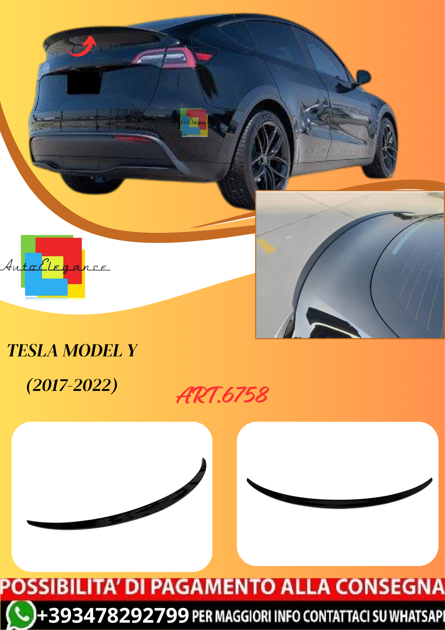 💫ART.6758 Spoiler Posteriore per Tesla Model Y (2017-2022) Stile OEM Nero lucido💫