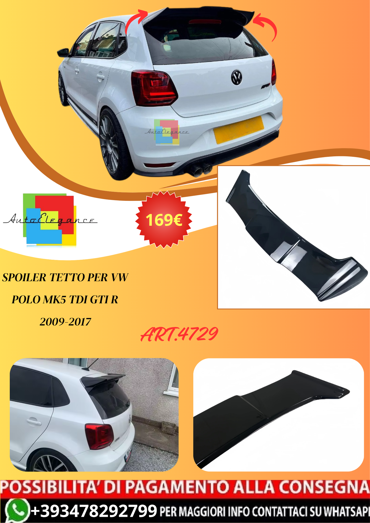💫ART.4729 Spoiler Tetto per VW Polo MK5 TDI GTI R 2009-2017💫