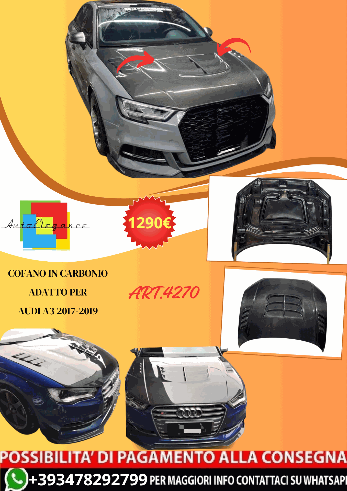 💫ART.4270 Cofano (in carbonio) adatto per Audi A3 2017-2019 Sedan / Sportback💫