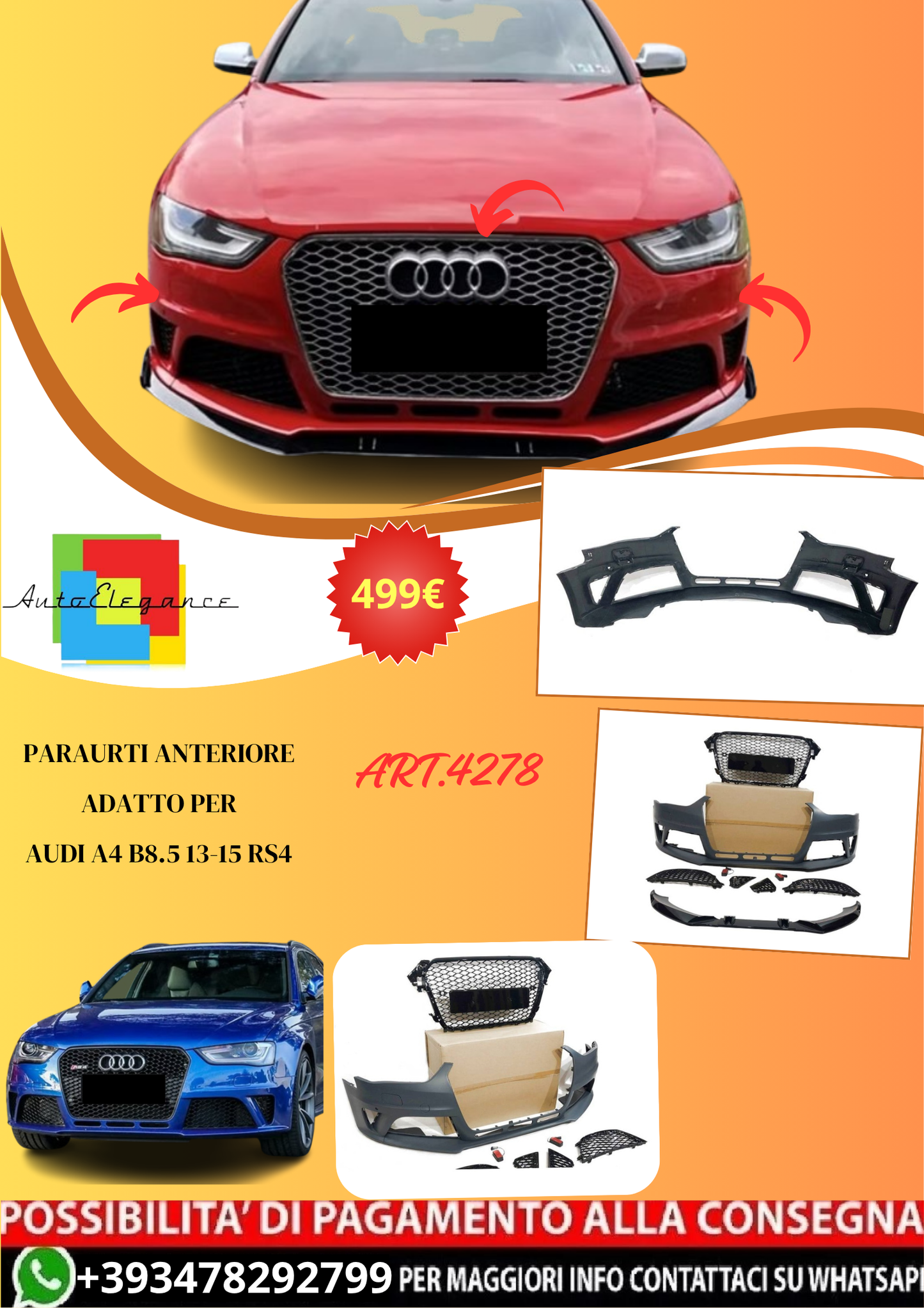 💫ART.4278 Paraurti Anteriore adatto per Audi A4 B8.5 13-15 Look RS4💫