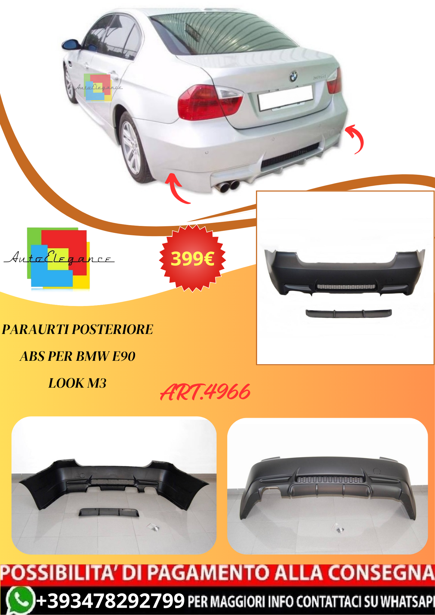 💫ART.4966 Paraurti Posteriore ABS per BMW E90 Look M3💫
