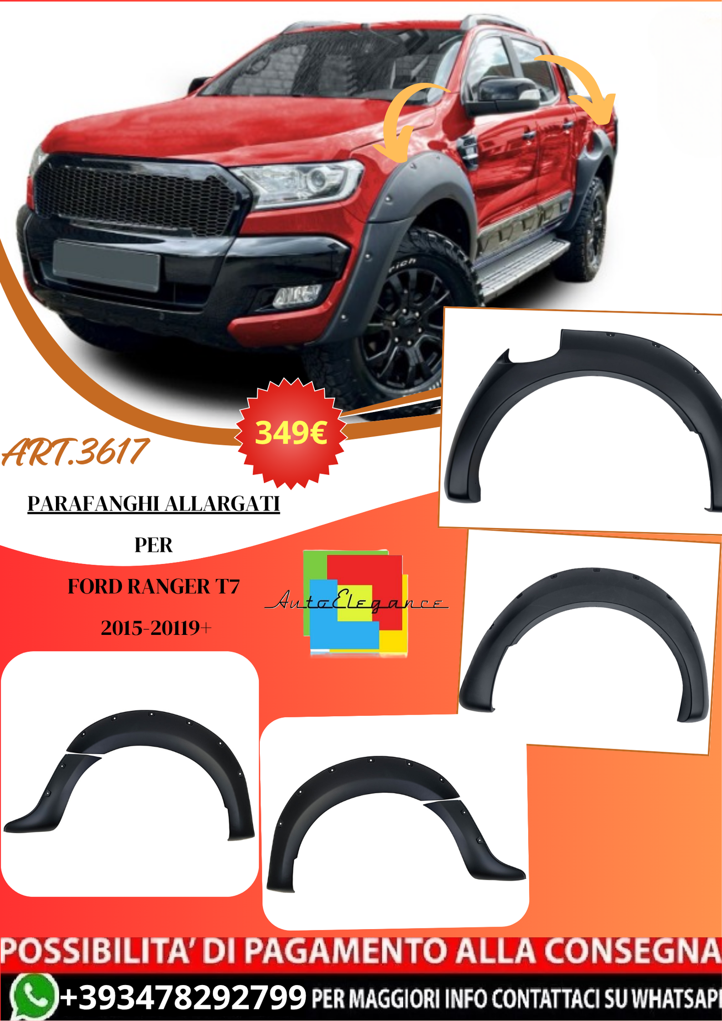 💫ART.3617 Set di parafanghi allargati BIG per Ford Ranger T7 2015-2019💫