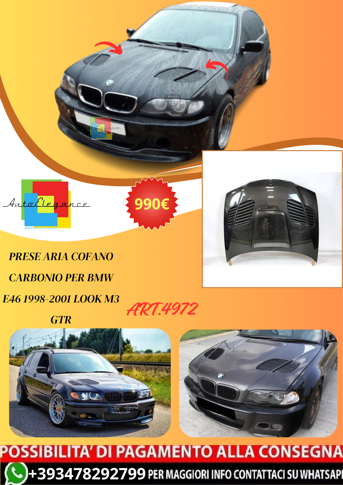 💫ART.4972 Prese Aria Cofano Carbonio per BMW E46 1998-2001 Look M3 GTR💫