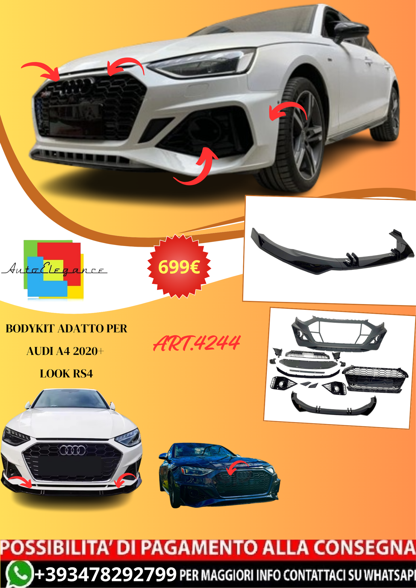 💫ART.4244 Bodykit adatto per Audi A4 2020+ Look RS4💫