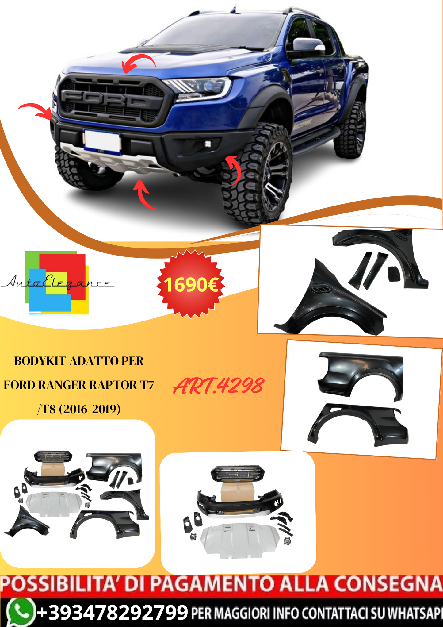 💫ART.4298 Bodykit adatto per Ford Ranger Raptor T7 /T8 (2016-2019)💫