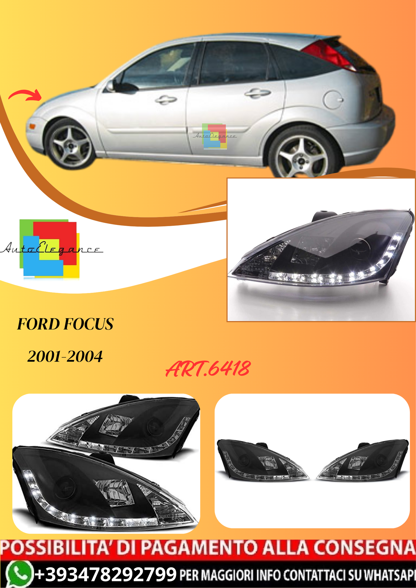 💫ART.6418 FARI ANTERIORI DAYLIGHT NERI per FORD FOCUS 2001-2004 💫